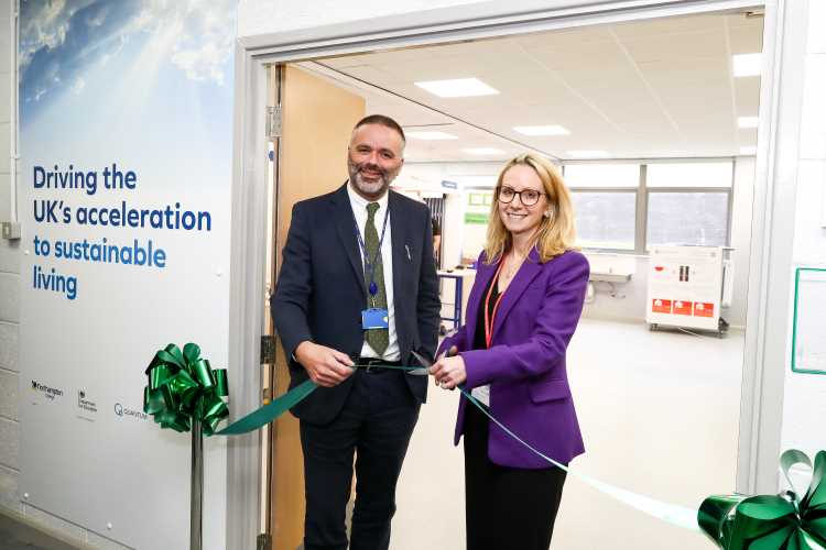 Photo shows Northampton North MP Lucy Rigby and Northampton College Principal and CEO Jason Lancaster cutting the ribbon at the official opening of College's new Green Skills Centre.